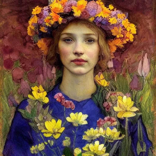 Image similar to the flower crown, by Annie Swynnerton and Nicholas Roerich, elaborate costume, flowers, rich color, dramatic cinematic lighting, smooth, sharp focus, extremely detailed