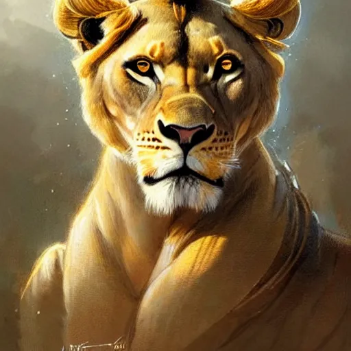 Prompt: highly detailed portrait of a majestic lioness queen as a beautiful woman. d & d, art by anton pieck and greg rutkowski and magali villeneuve. trending on artstation, intricate details, energetic composition, golden ratio, concept art, illustration, elegant art