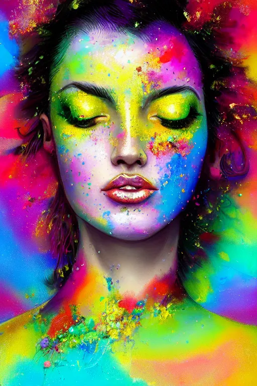 Image similar to modern portrait of vanessa parady, rainbow colours, splatter paint, dreamy and ethereal, golden ratio, peaceful expression, ornate frilly dress, fantasy, intricate, elegant, black background highly detailed, digital painting, perfect face artstation, concept art, smooth, b sharp focus, illustration, art by patrice murciano, artgerm and greg rutkowski and alphonse mucha