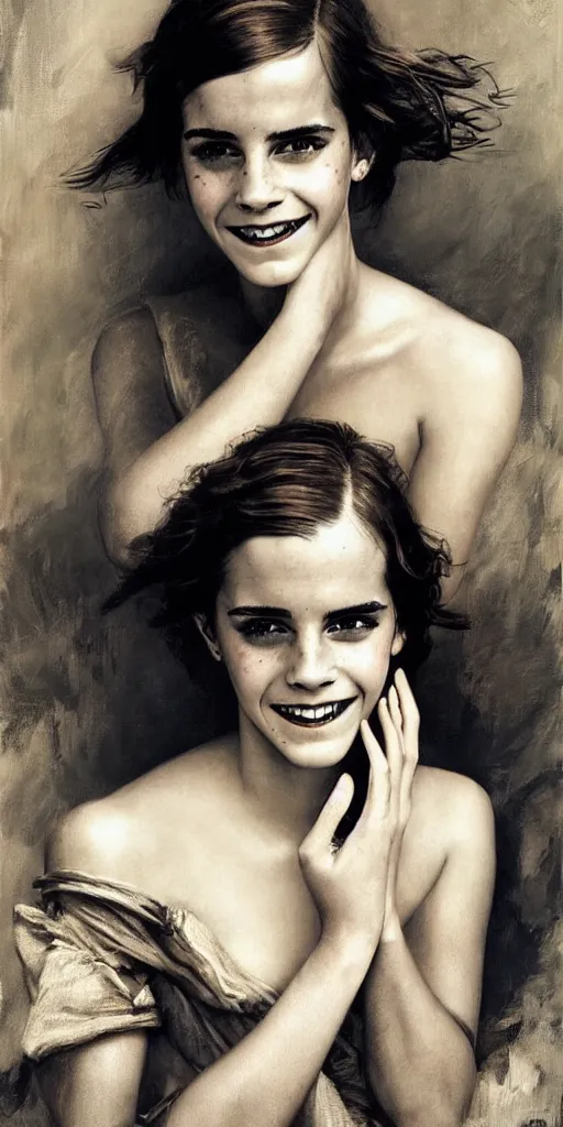 Image similar to emma watson smiling angry laughing crying sad weeping detailed portrait painting by gaston bussiere craig mullins j. c. leyendecker photograph by richard avedon peter lindbergh annie leibovitz