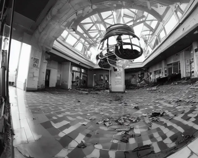 Image similar to camera footage of an abandoned shopping mall occupied by huge spiders, high exposure, dark, monochrome, camera, grainy, CCTV, security camera footage, timestamp, zoomed in, fish-eye lense, spiders!!!!,