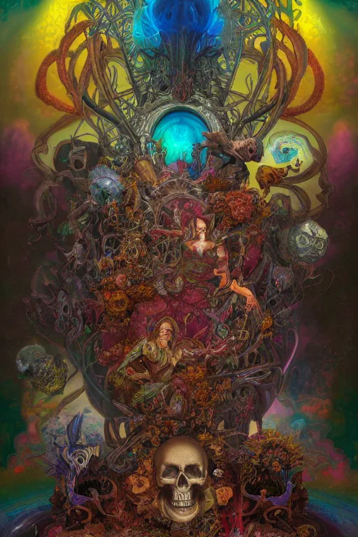 Image similar to gigantic psychedelic demonic cosmic skull of death, outer space, fantasy painting, ultra realistic, dmt, symmetrical, wide angle, intricate details, digital painting, rainbowshift, vivid colors, highly detailed by peter mohrbacher, h. r. giger, maxfield parrish, alphonse mucha, craig mullins, octane render, cgi