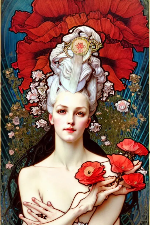 Prompt: realistic detailed face portrait of Marie Antoinette surrounded by poppies by Alphonse Mucha, Ayami Kojima, Amano, Charlie Bowater, Karol Bak, Greg Hildebrandt, Jean Delville, and Mark Brooks, Art Nouveau, Pre-Raphaelite, Neo-Gothic, gothic, Art Nouveau, rich deep moody colors