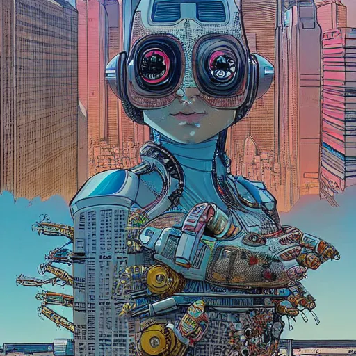 Image similar to a beautiful highly detailed futuristic mechanical lady, cyberpunk rooftop on jupiter, filled with people,, art by geof darrow,