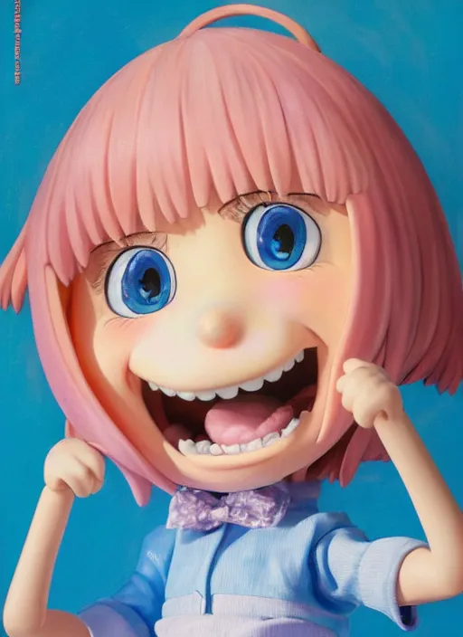 Prompt: a hyperrealistic oil panting of a kawaii anime girl figurine caricature with a big dumb grin featured on Wallace and Gromit by Quentin Matsys