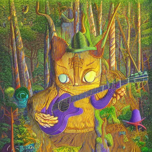 Image similar to morning in the middle of the day in the lush forest, guitar, milky way, designed by moebius, rob gonsalves, gustav dore, giuseppe arcimboldo and carl barks, louis wain, trending on artstation, canada, star, sharp focus, colorful refracted sparkles and lines, soft light, 8 k 4 k