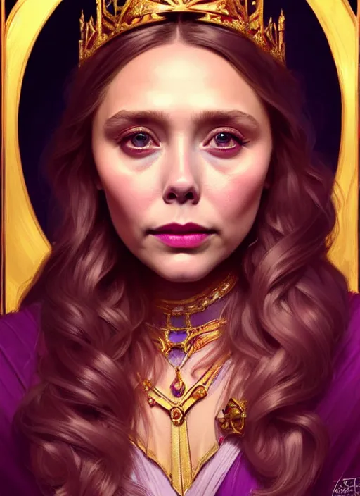 Image similar to portrait of elizabeth olsen as a queen, throne, jewelry, greek, amethyst, intricate, headshot, highly detailed, digital painting, artstation, concept art, sharp focus, cinematic lighting, illustration, art by artgerm and greg rutkowski, alphonse mucha, cgsociety