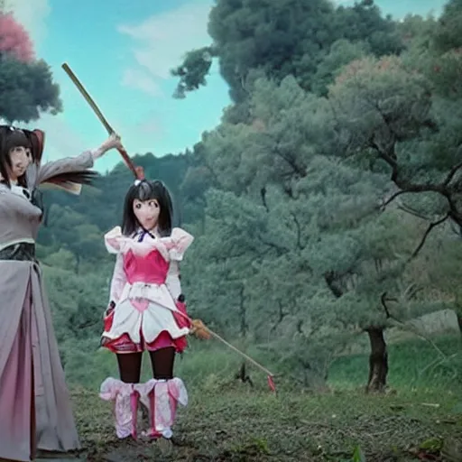 Prompt: a battle of two real-life mahou shoujo girl in the sky, still of an epic japanese movie scene