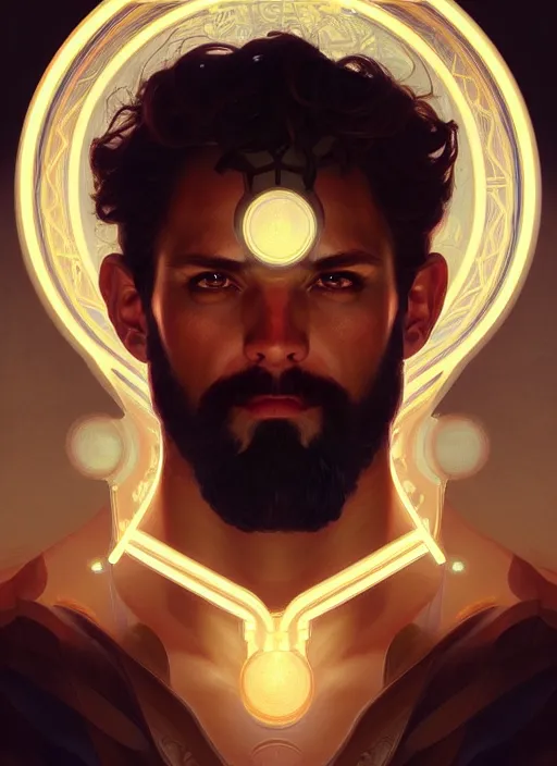 Image similar to symmetry portrait of hercules, glowing lights, intricate, elegant, highly detailed, digital painting, artstation, concept art, smooth, sharp focus, illustration, art by artgerm and greg rutkowski and alphonse mucha