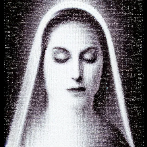 Image similar to vhs static overlay of marian apparition, vhs, 1 9 9 0, beautiful, highly realistic, highly detailed, vhs noise static, black and white, vhs glitch