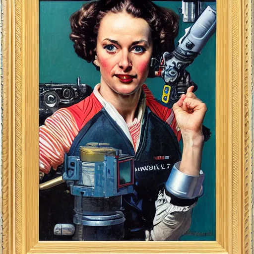 Image similar to portrait of a female android painted by Norman Rockwell and Sandra Chevrier