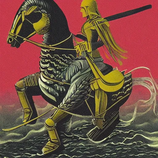 Image similar to a exotic metro pollynsdian warrior riding horse through a river, painted by jorgihno gisbana and takashi tokyo, style of ultra capitalism surrealism, surrealist artwork, ancho socialist styling