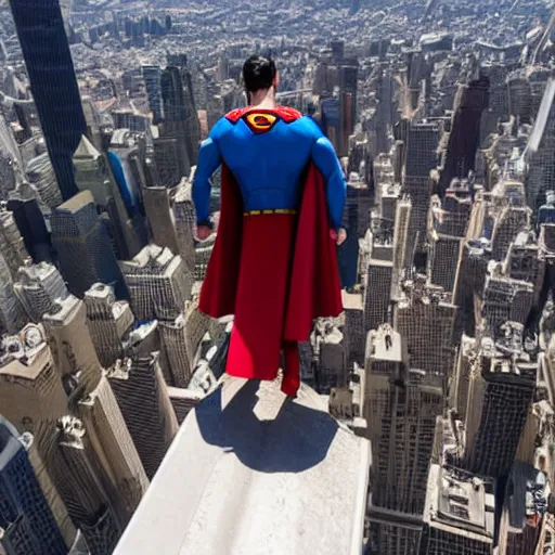 Image similar to marvel superman from back hands on waist standing on top of the empire state building