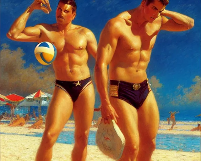 Image similar to top gun beach volleyball scene, warm colors, soft angles, soft focus, painting by gaston bussiere, craig mullins, j. c. leyendecker, tom of finland