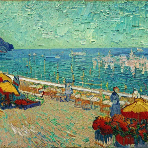 Image similar to rich and indulgent oil paint impasto reliefs, positano beach scene, an artwork by charles w. bartlett and jackson pollack and colin campbell cooper and very slight influence of van gogh