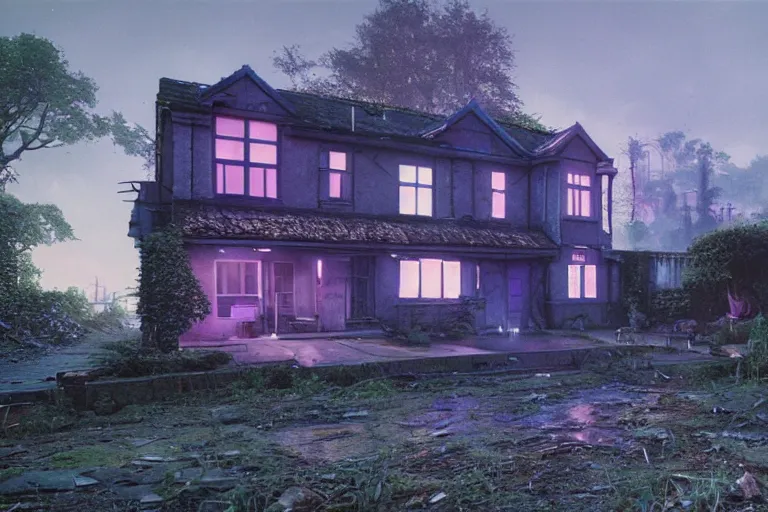 Image similar to cyberpunk, an estate agent listing photo of a 5 bedroom detached house in the countryside, by Paul Lehr, highly detailed, photorealistic, 8k, anamorphic, cinestill cinematrography