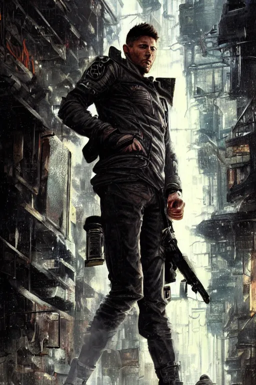 Image similar to a detailed full bodied matte portrait of an extremely handsome jensen ackles as time traveler walking down a dark alley of a futuristic dystopian cyberpunk city, holding a milkor mgl grenade launcher, aetherpunk, masterpiece, 8 k, art by greg rutkowski and albert bierstadt and arthur rackham and alphones mucha