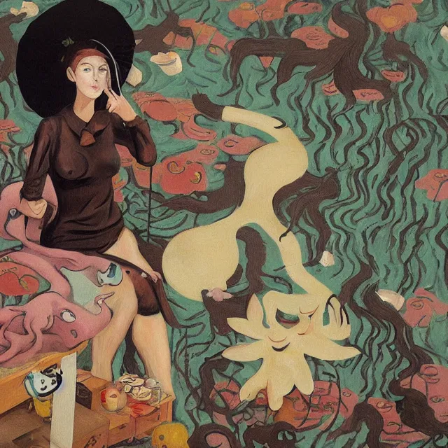 Image similar to tall female catgirl artist wearing a pig mask in her flooded apartment, mushrooms, octopus, water gushing from ceiling, painting of flood waters inside an artist's apartment, a river flooding indoors, pomegranates, ikebana, zen, rapids, waterfall, black swans, canoe, berries, acrylic on canvas, surrealist, by magritte and monet