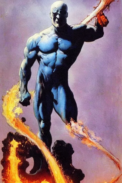 Image similar to painting by Frank Frazetta!!! of as Dr. Manhattan in Watchmen