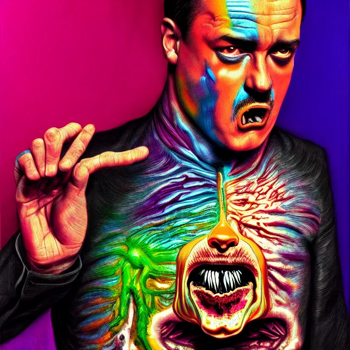 Prompt: bright psychedelic mike patton eating hitler, brain, ribs, flesh, puke, rotten, screaming, diffuse lighting, fantasy, intricate, elegant, highly detailed, lifelike, photorealistic, digital painting, artstation, illustration, concept art, smooth, sharp focus, art by francis bacon