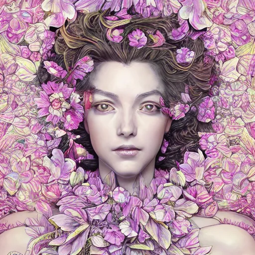 Prompt: the portrait of an absurdly beautiful, graceful, elegant mature woman made of petals looking up, an ultrafine detailed illustration by kim jung gi, irakli nadar, intricate linework, bright colors, octopath traveler, final fantasy, angular, unreal engine 5 highly rendered, global illumination, radiant light, detailed and intricate environment