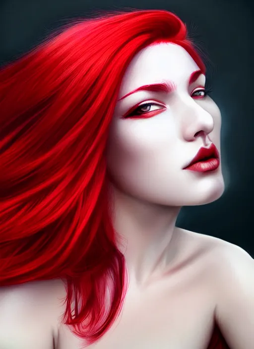 Image similar to photo of gorgeous woman with red and white half dye hair in the style of stefan kostic, realistic, half body shot, sharp focus, 8 k high definition, insanely detailed, intricate, elegant, art by stanley lau and artgerm, foggy backgeound