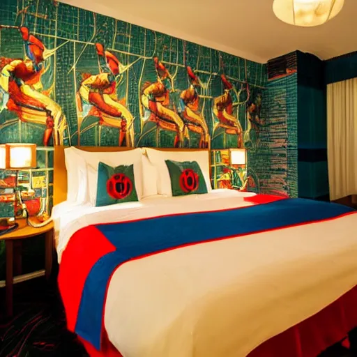 Prompt: photography of theme park hotel room themed to spider - man motif. bed has spider - man blankets. wall has spider - man pattern. furniture has spider - man motif. furniture is shaped like spider - man furniture. carpet has spider - man motif. lighting has spider - man film shapes