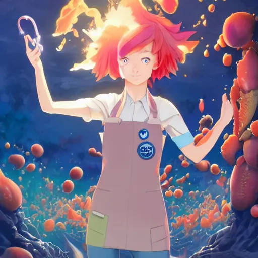 Image similar to British Pokemon original character with wild peach colored hair and heterochromia, Pixar style, beautiful woman, scientist, standing in a lab in front of a giant containment liquid filled tank, by Tristan Eaton Stanley Artgerm and Tom Bagshaw, Makoto Shinkai ilya kuvshinov and Wojtek Fus