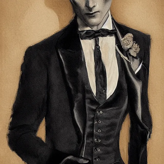 Image similar to photorealistic sepia full - head portrait of a 1 9 2 0 s era smirking male occultist, well dressed, long - tailed tuxedo coat, atmospheric lighting, dark, brooding, painted, intricate by thierry doizon, ultra detailed, well composed, best on artstation, cgsociety, epic, stunning, gorgeous, intricate detail, much wow, masterpiece