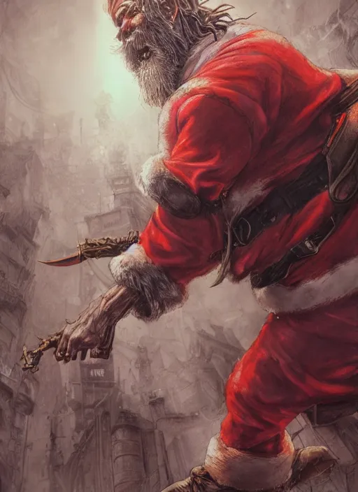 Prompt: portrait, Santa Clause fighting zombies, watercolor, dramatic lighting, cinematic, establishing shot, extremly high detail, foto realistic, cinematic lighting, pen and ink, intricate line drawings, by Yoshitaka Amano, Ruan Jia, Kentaro Miura, Artgerm, post processed, concept art, artstation, matte painting, style by eddie mendoza, raphael lacoste, alex ross