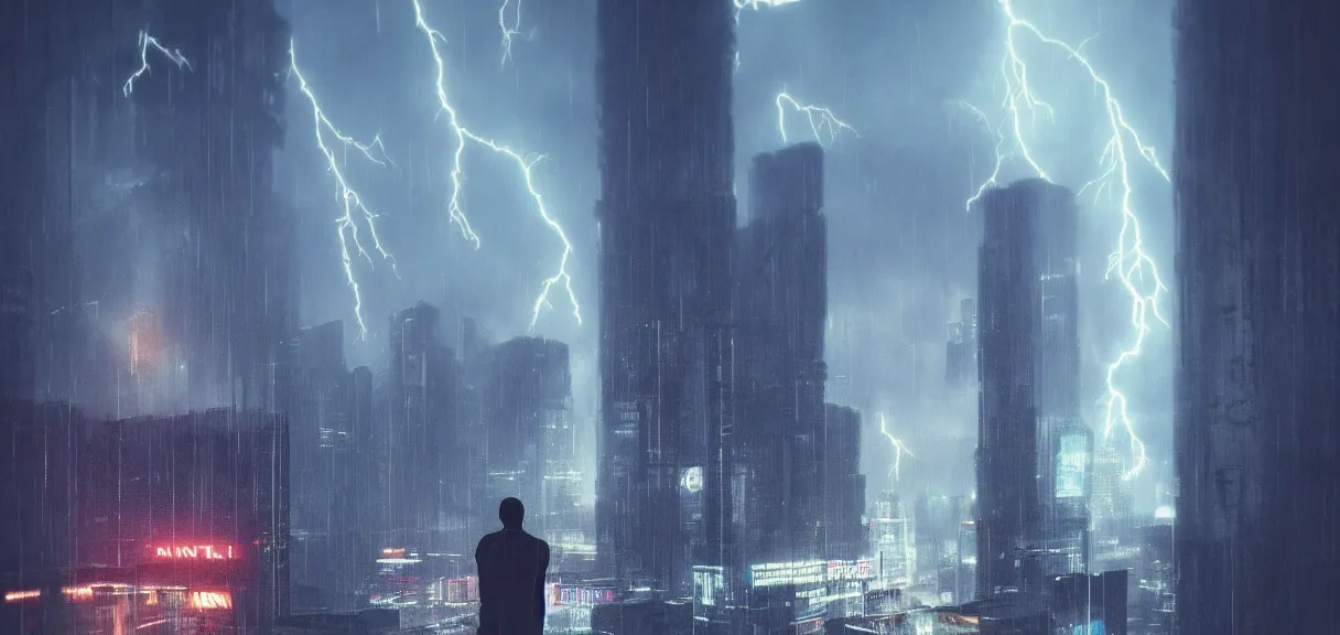 Image similar to shot of the roof with single man sitting on the edge during rain, below impressive cyberpunk night city during great rainy storm with lightning, nightscape, futuristic architecture, realistic photo, neons, blade runner, akira style, cinematic lighting, cinematic angles