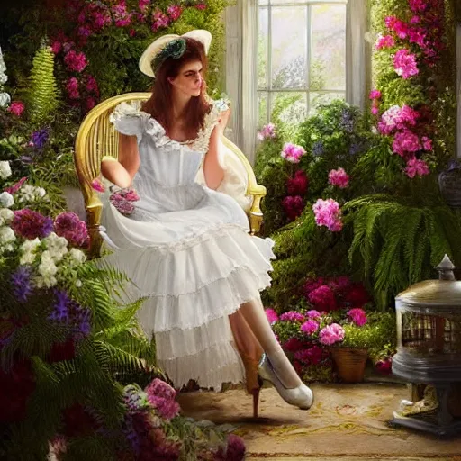 Image similar to fantasy, glow, shimmer, emma watson as victorian woman in a long white frilly lace dress and a large white hat having tea in a sunroom filled with flowers, roses and lush fern flowers ,intricate, night, highly detailed, dramatic lighting , high quality