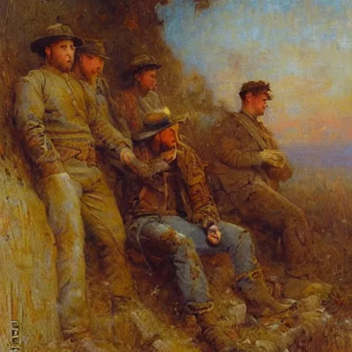 Prompt: Gaston Bussiere painting of tired and battered soldiers looking up and observing the first rays of sunlight during dawnbreak, dramatic painting, dark, scary, hopeful