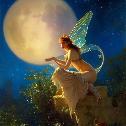 Image similar to attractive fairy magically floating high in the night, fantasy, full moon in background. highly detailed painting by gaston bussiere, craig mullins, j. c. leyendecker, sharp focus, 8 k