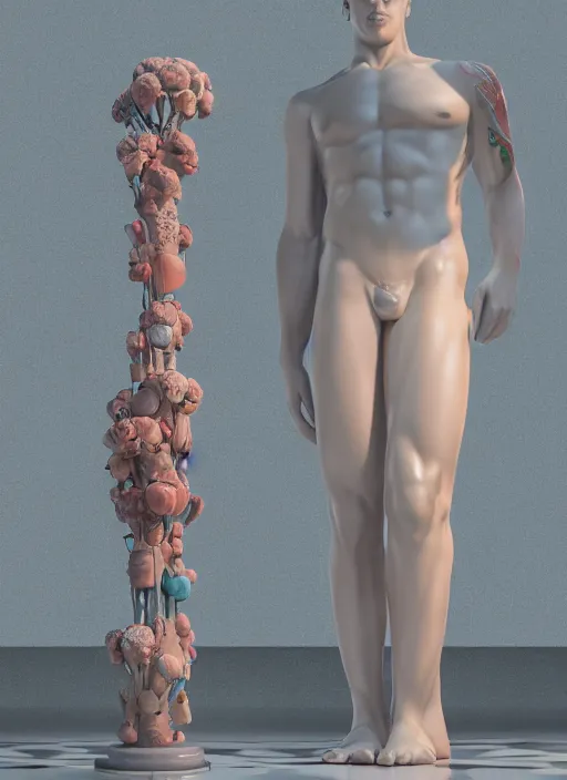 Image similar to a sculpture of a man standing next to a tall vase, a raytraced image by Hikari Shimoda, polycount, video art, vray tracing, ray tracing, rendered in unreal engine