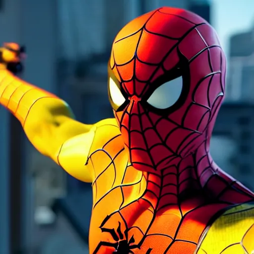 Image similar to still photo of yellow spider - man, highly detailed, photorealistic portrait, bright studio setting, studio lighting, crisp quality and light reflections, unreal engine 5 quality render