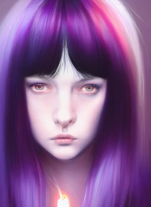 Image similar to portrait of teenage girl with white bangs, red irises, black hair, purple clothes, white bangs, bangs are different color from hair, intricate, front of hair is white rest is black, elegant, glowing lights, highly detailed, digital painting, artstation, concept art, smooth, sharp focus, illustration, art by wlop, mars ravelo and greg rutkowski