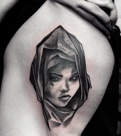 Image similar to beautiful mountain scenery with a beautiful woman face, amazing blend effect, tattoo design sketch, hyper - realistic, in the style of matteo pasqualin, amazing detail, black and white