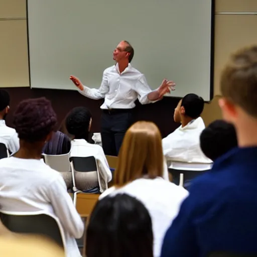 Prompt: Caenorhabditis elegans giving a lecture at a university in front of scholars