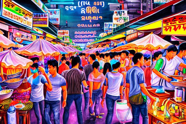 Image similar to detailed painting of Thai river night market, Bangkok, comic style, deep strokes, high quality