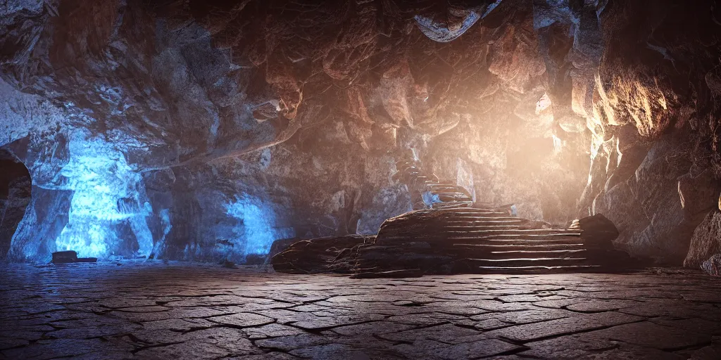 Image similar to crooked stairway made of stone inside a gloomy cave with atmospheric lighting, smoke, photorealistic rendering, blue and orange lights in the distance, octane, redshift, unreal engine