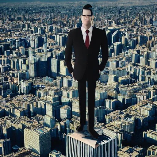 Image similar to a giant caucasian man dressed very elegantly standing on a miniature city