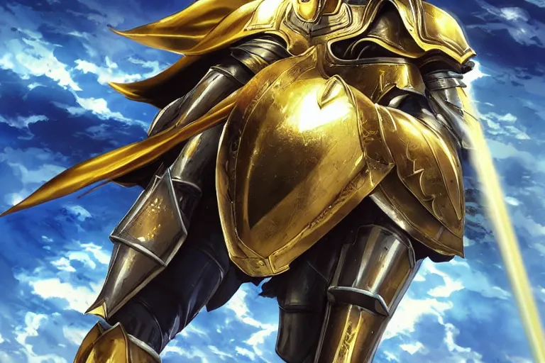 Prompt: an ultra detailed portrait of saladin as a paladin shonen anime protagonist charging into battle wearing bright gold armor and huge flaming longsword blessed by god, epic anime fantasy, 8 k, volumetric lighting, smooth, highly detailed, digital illustration, art by kentaro miura and akira toriyama and artgerm