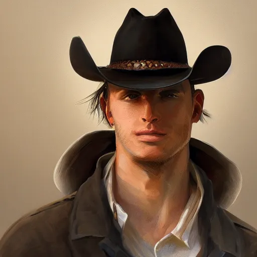Image similar to a portrait of a teenager with an American cowboy hat, D&D, sci-fi, elegant, hopeful, muscular, highly detailed, digital painting, artstation, concept art, smooth, sharp focus, illustration