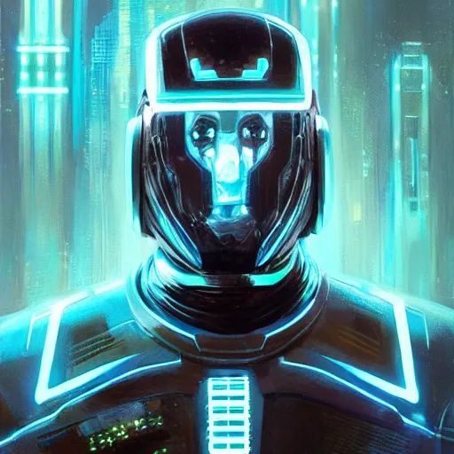 Image similar to tron as a realistic scifi cyberpunk knight, closeup portrait art by donato giancola and greg rutkowski, realistic face, digital art, trending on artstation, symmetry!!!