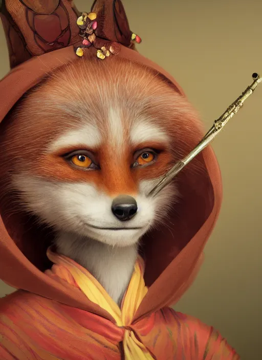 Image similar to an anthropomorphic beautiful female wizard portrait made of fox holding a staff wearing colourful robe, fine art, award winning, intricate, elegant, sharp focus, octane render, hyperrealistic, cinematic lighting, highly detailed, digital painting, 8 k concept art, art by jamie hewlett and z. w. gu, masterpiece, trending on artstation, 8 k