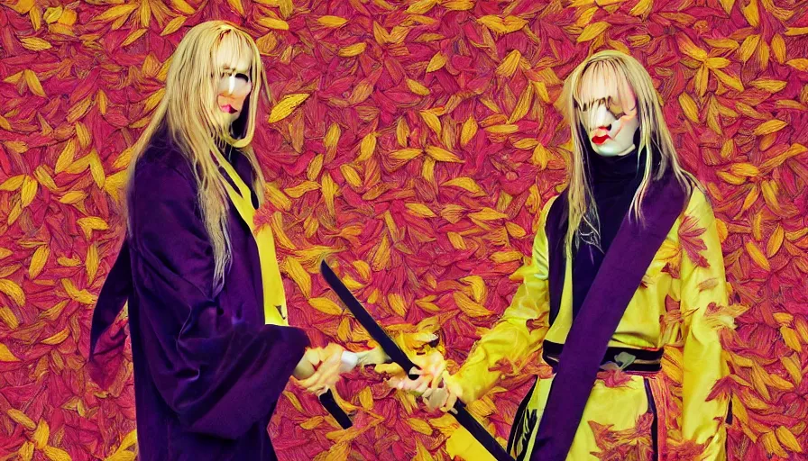 Image similar to breathtaking detailed pattern pastel colors of uma thurman ( kill bill ) in yellow suit, with katana sword and autumn leaves, by hsiao - ron cheng, bizarre compositions, exquisite detail, enhanced eye detail