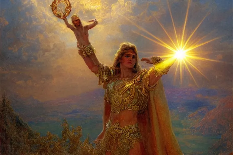 Image similar to illustration of a mythical hero standing at the top of a mountain with the sun in his hands, holding it up to shine over the world. mythology. art by gaston bussiere.