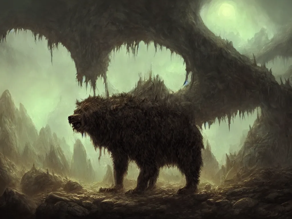 Prompt: prehistoric demonic cave bear in a dream landscape, monster concept art, artstation, ominous night atmosphere, nightmare environment, inspired by witcher monsters, painted by justin gerard and daniel zrom and even amundsen