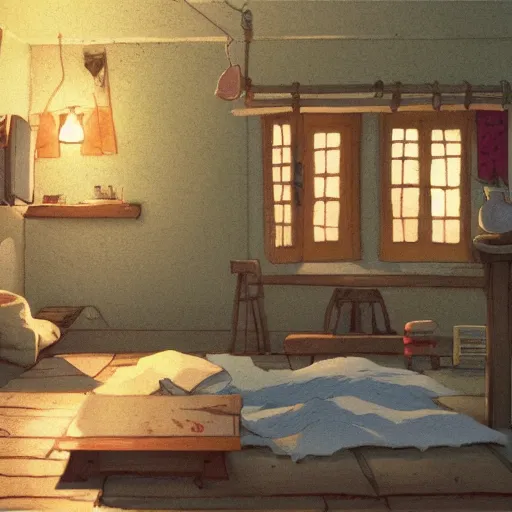 Image similar to studio Ghibli, the interior of a small cottage, warm lighting